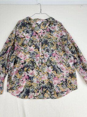J. Jill Floral Cotton Silk Blouse Long Sleeve Size L